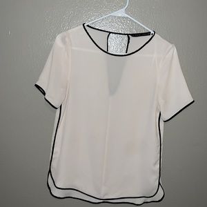 Zara White with Black Trim Sheer Keyhole Back Shirt